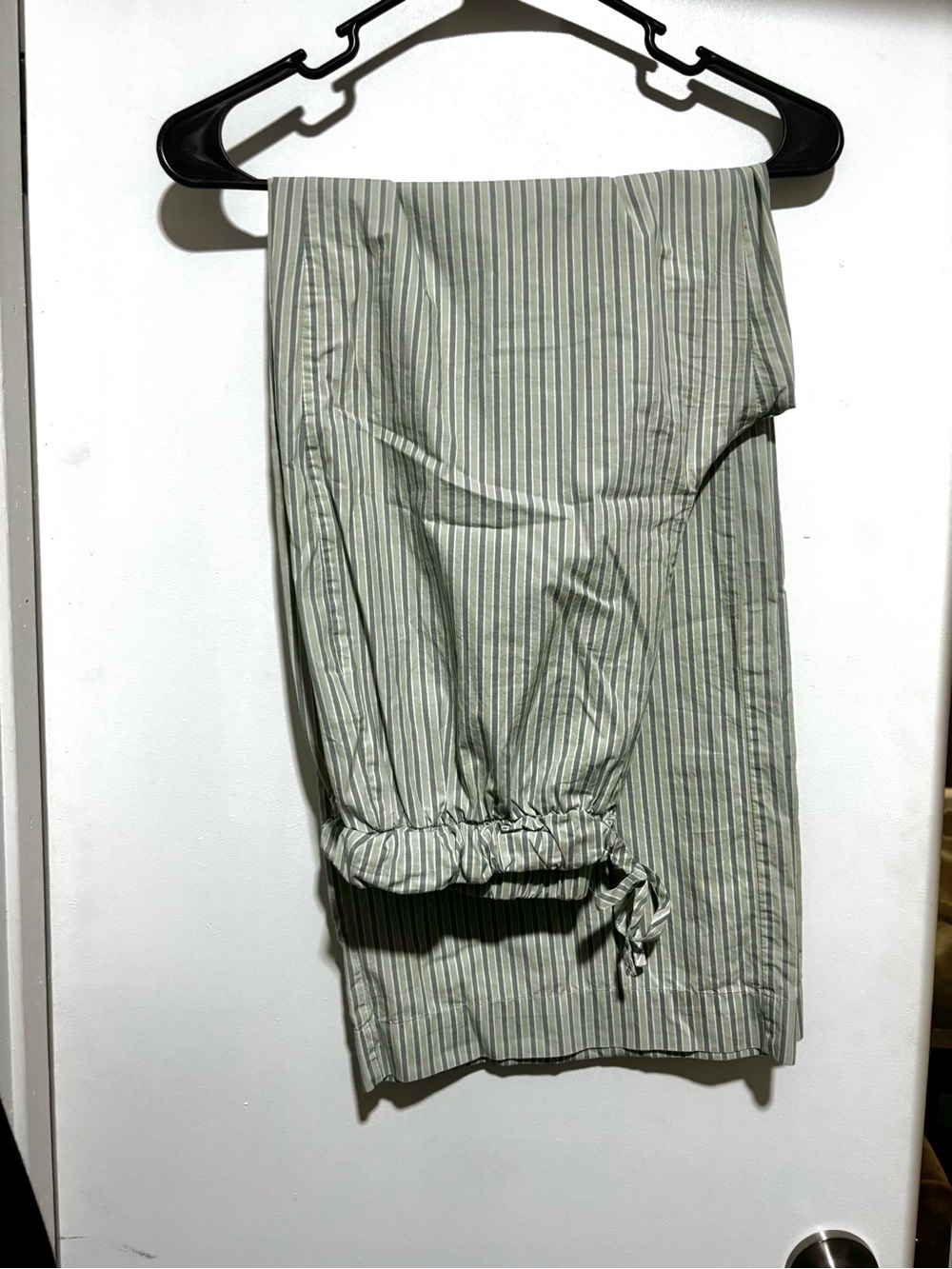 Wide Leg Tie-Hem Pants in Light Sage Stripe